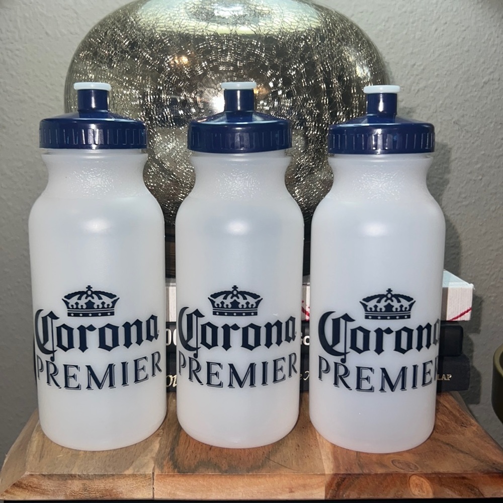 Set of 3 Corona Premier BPA Free sports top water bottle 7” x 3” clear  blue NWT
